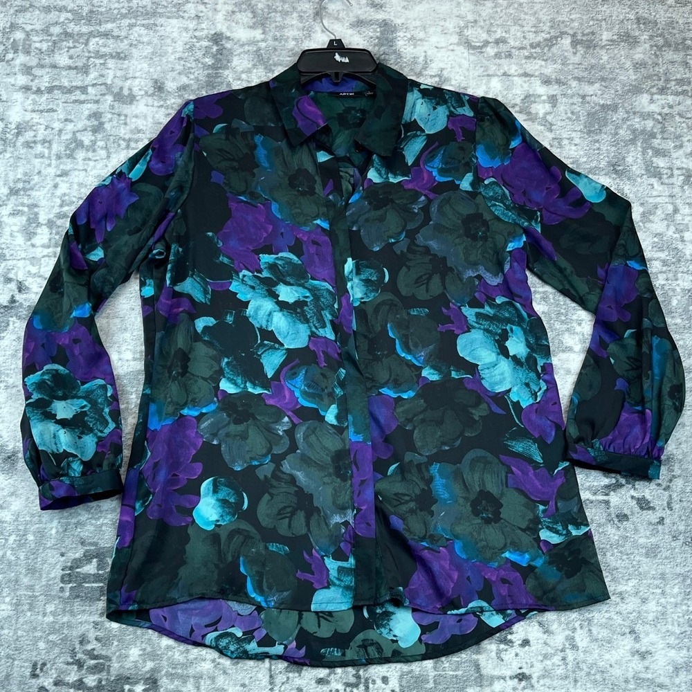 Apt 9 Womens L Blouse Purple Teal Floral Long Sleeve Polyester Career Top
